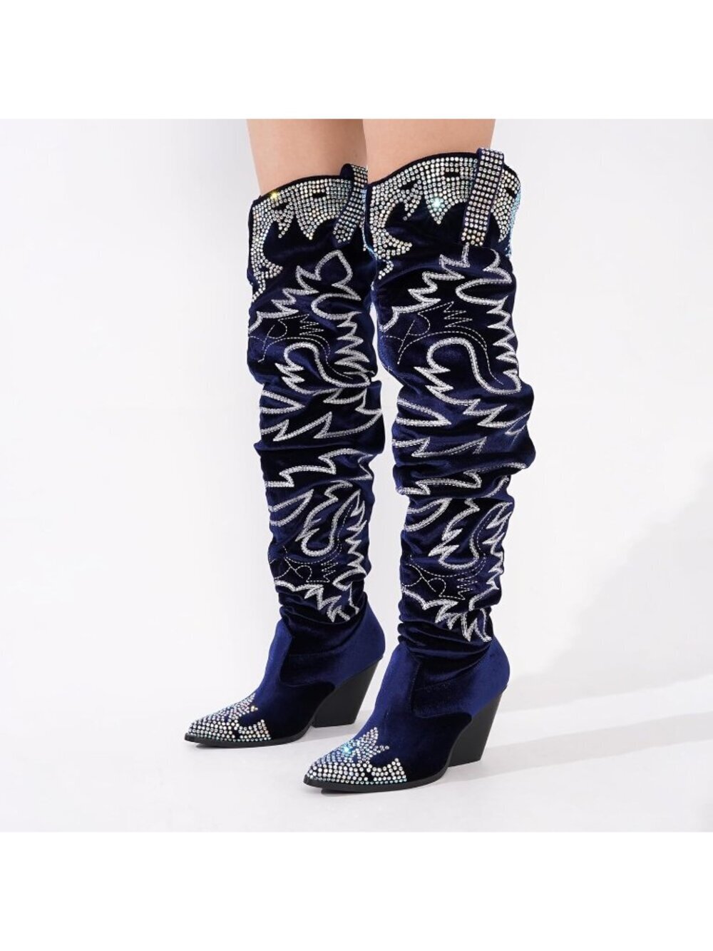 Women's Blue Rhinestone Embroidered Cowboy Boots Thigh High Slouchy Wide Calf - Picture 5 of 6